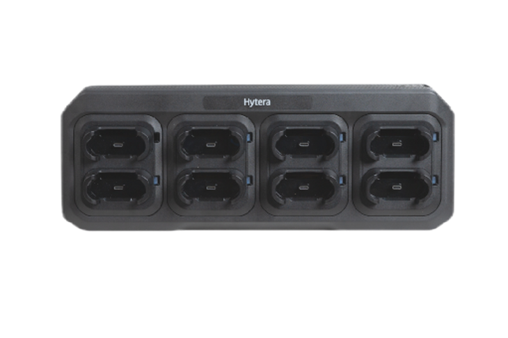 Black power adapter for the Hytera S1 and S1 Pro with 8 sockets on a white background.