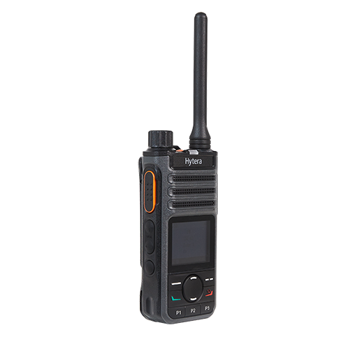 The side view of a Hytera BP565 digital radio with a half keyboard and screen, in black color, with a charger.