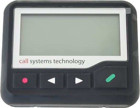 A black CST 8001 alphanumeric pager with a digital screen and navigation buttons.