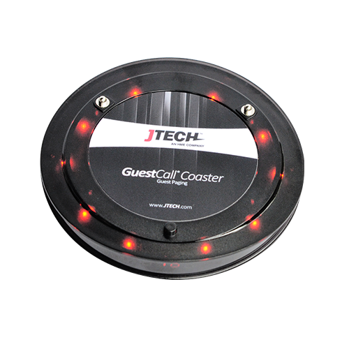 A circular JTECH coaster pager with flashing red lights.