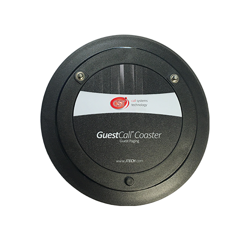 A black coaster pager with the 'J-TECH' company logo in the center, labeled as a 'GUEST-CALL COASTER'