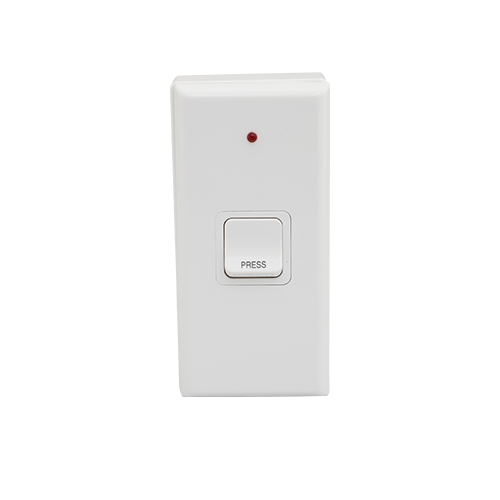 A white doorbell push button with a red indicator light and a button labeled 'PRESS'.