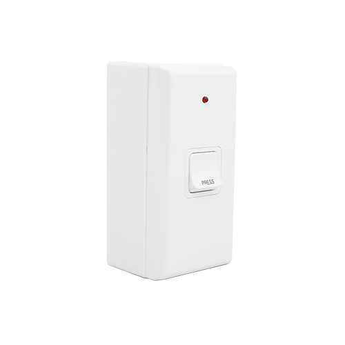 A white doorbell push button with a red indicator light and a button labeled 'PRESS'.