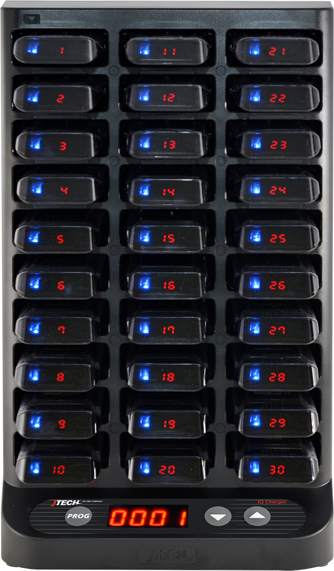 A digital display of a 30-way charger with blue LED indicators, showing the charging status of each port.