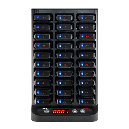 A digital display of a 30-way charger with blue LED indicators, showing the charging status of each port.
