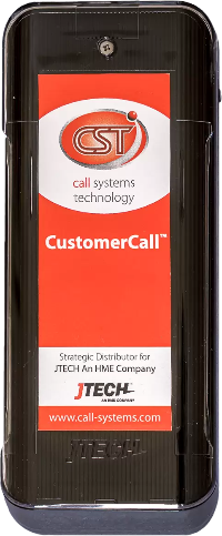 A black, handheld electronic device labeled with 'CustomerCall' and the logo of Call Systems Technology.