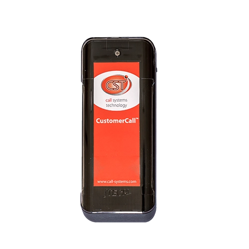 A black, handheld electronic device labeled with 'CustomerCall' and the logo of Call Systems Technology.