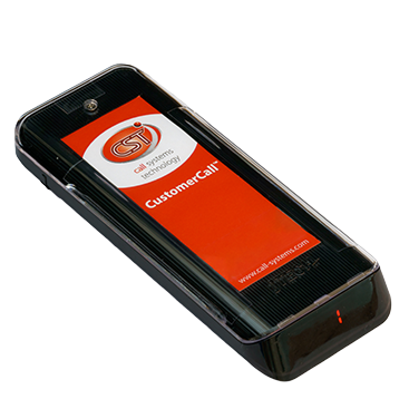 A black customer call pager with a red card insert displaying the Call Systems Technology logo and the words "Customer Call". There is also the JTECH logo at the botom of the red insert. There s also a red number on the digital display at the bottom.