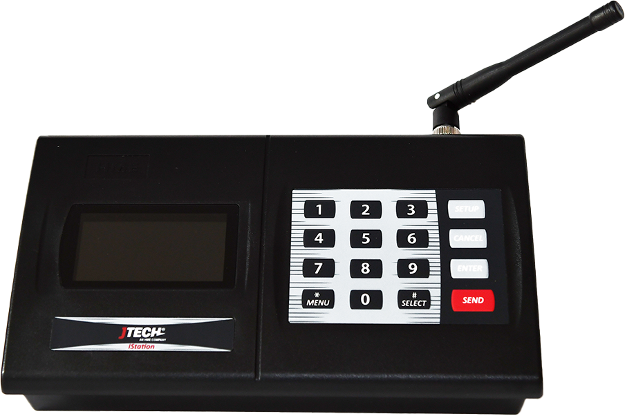 A black JTECH base station radio with an 8-line LED back-lit interface and numeric keypad.