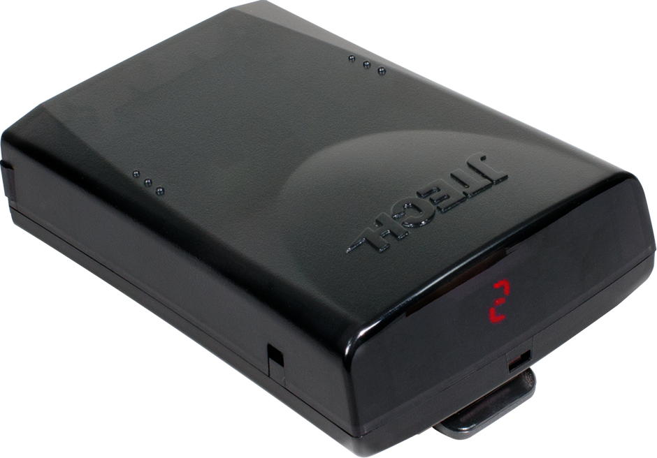A black JTECH rugged pager with a red digital message displaying the number 2.