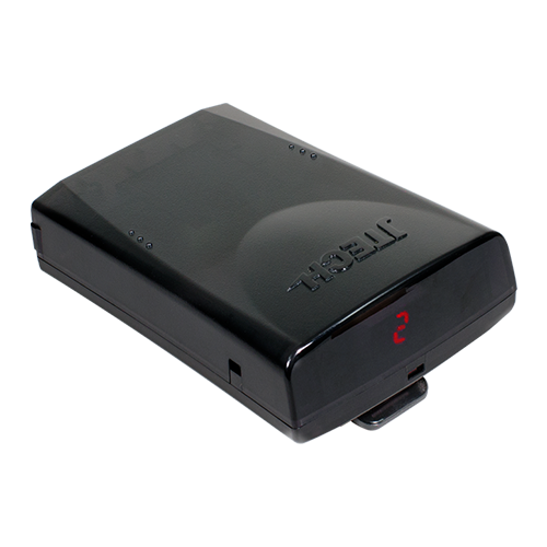 A black JTECH rugged pager with a red digital message displaying the number 2.