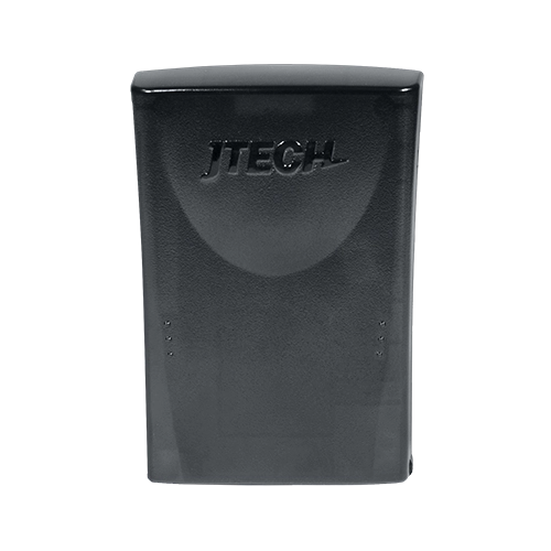 The back of a black rugged pager with the words JTECH on it.