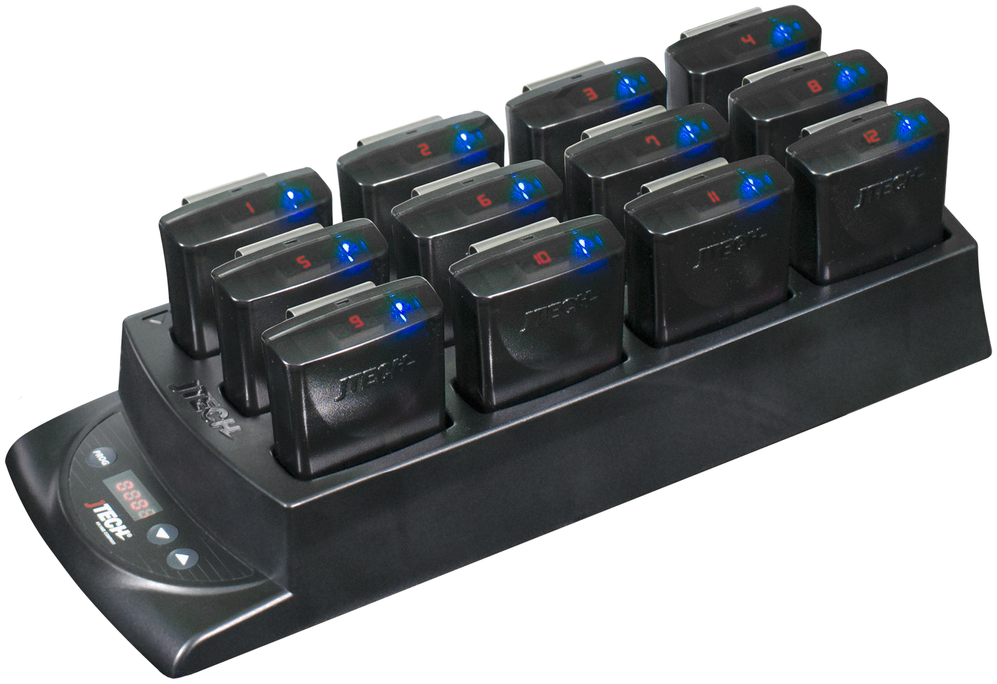 A JTECH charging rack containing 12 pagers, all with a singular blue light next to their red number display.