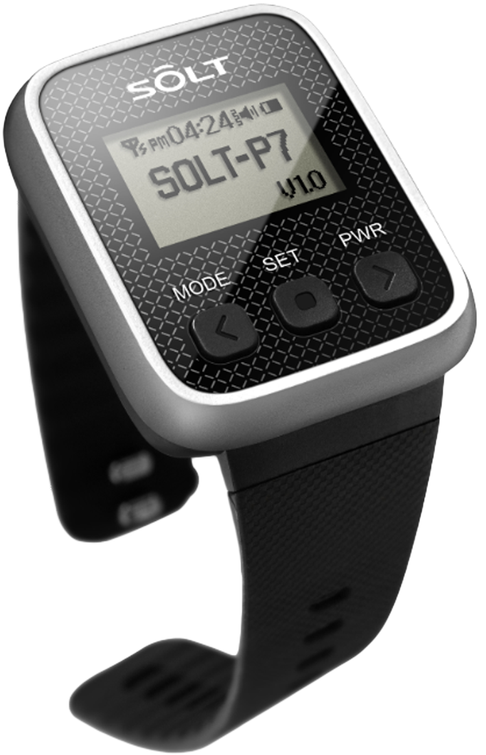 A digital watch pager with a silver metallic case and black strap, featuring a digital display with the brand name SOLT and model number SP7.