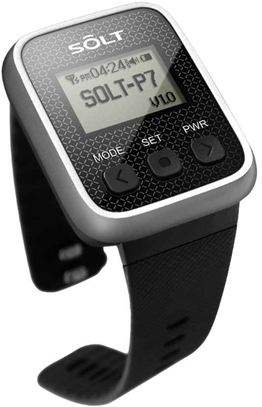 A digital watch pager with a silver metallic case and black strap, featuring a digital display with the brand name SOLT and model number SP7.