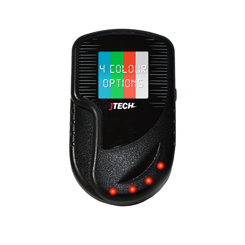 A black JTECH SmartCall Alert Pager with an LCD screen and multiple buttons for communication. The display is showing 4 colour options. There is also 4 red lights on the bottom right of the pager.