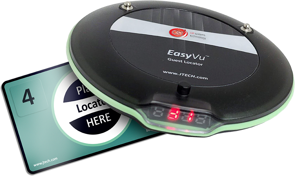 A black EasyVu coaster pager with the words "EasyVu Guest Locator" and "Call Systems Technology", displaying a red number on the side.