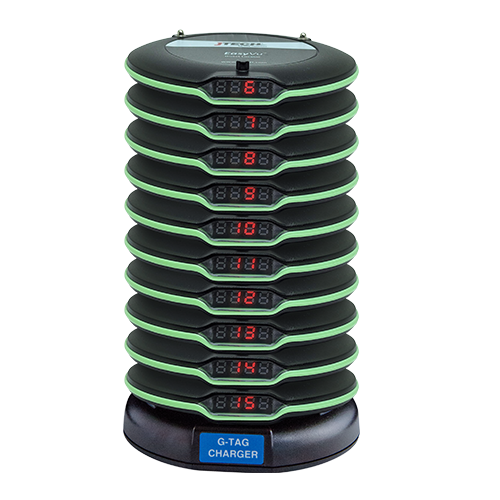 A black and green tower charging station designed to charge electronic devices, with multiple levels displaying various charge states.