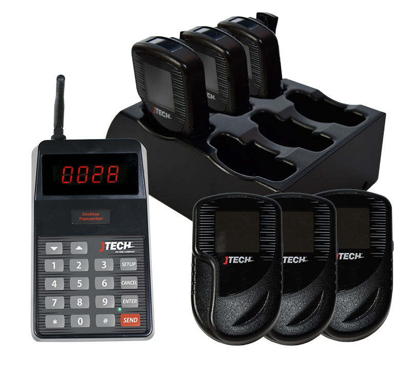 A set of 12 black SmartAlert pagers with a charging rack and a black Neo 10 button transmitter.