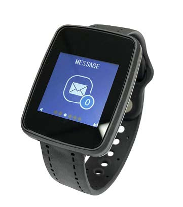 Touch screen smartwatch with message app on screen on a white background.