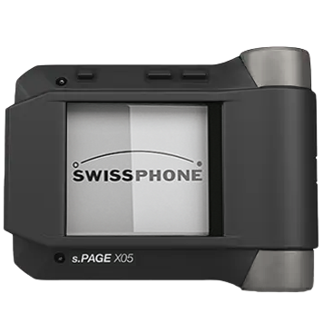A black SWISSPHONE pager with grey and white accents and the words "s.PAGE X05" at the bottom.