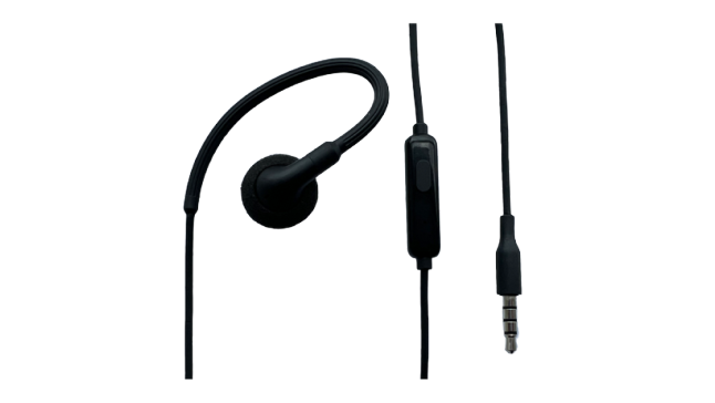 Black earpiece with microphone on a white background