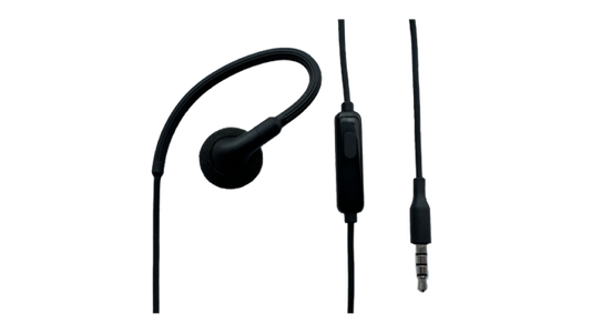 Black earpiece with microphone on a white background