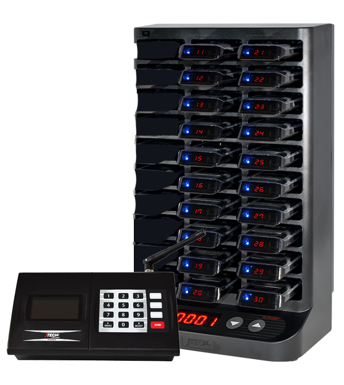 A set of black customer service pagers with charging racks and a black 10-button transmitter