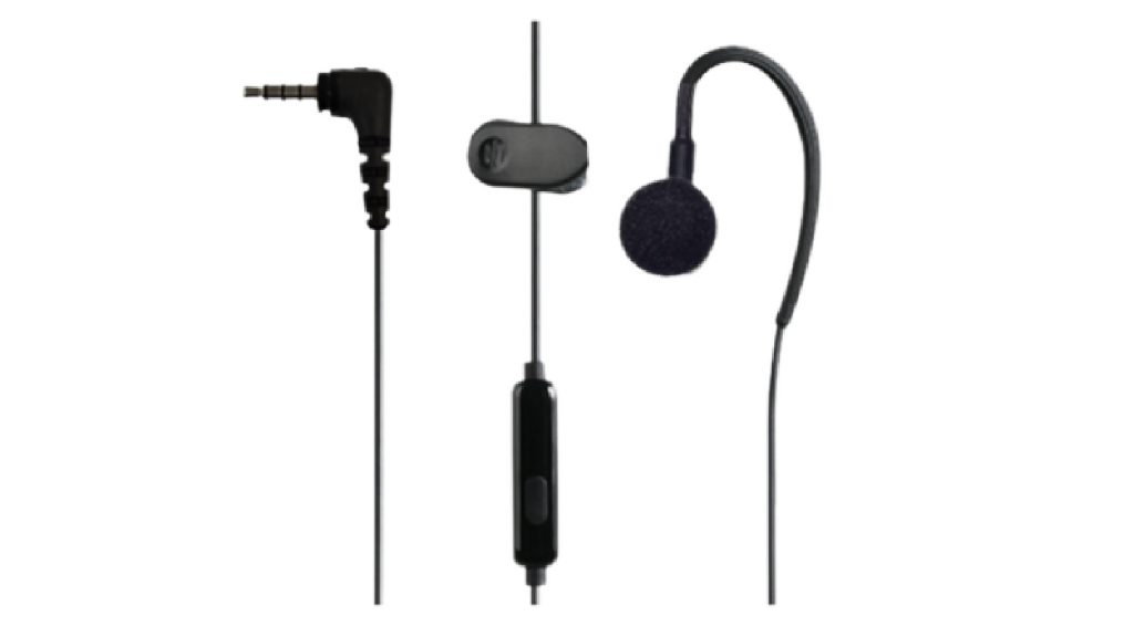 Black earpiece with microphone on a white background