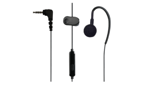 Black earpiece with microphone on a white background