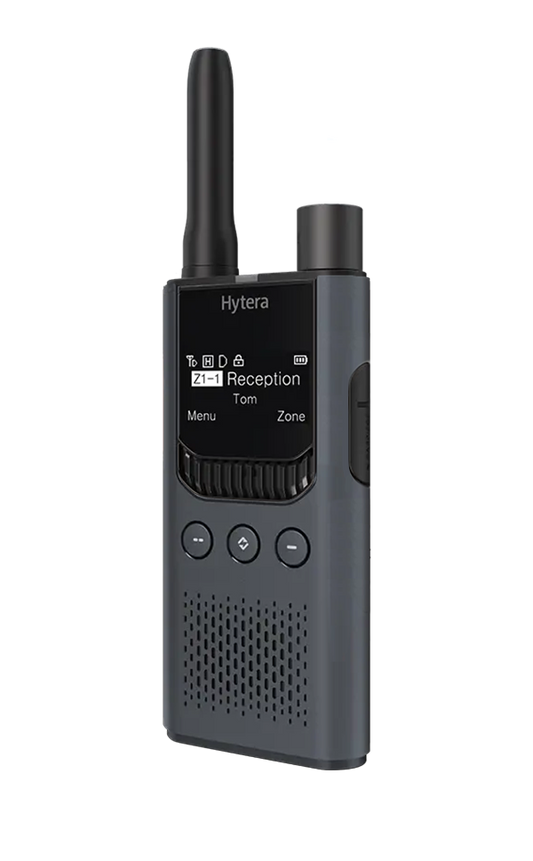 Hytera S1 Pro Radio in Grey with three buttons below a display screen. 