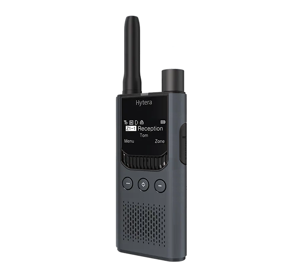 Hytera S1 Pro Radio in Grey with three buttons below a display screen. 