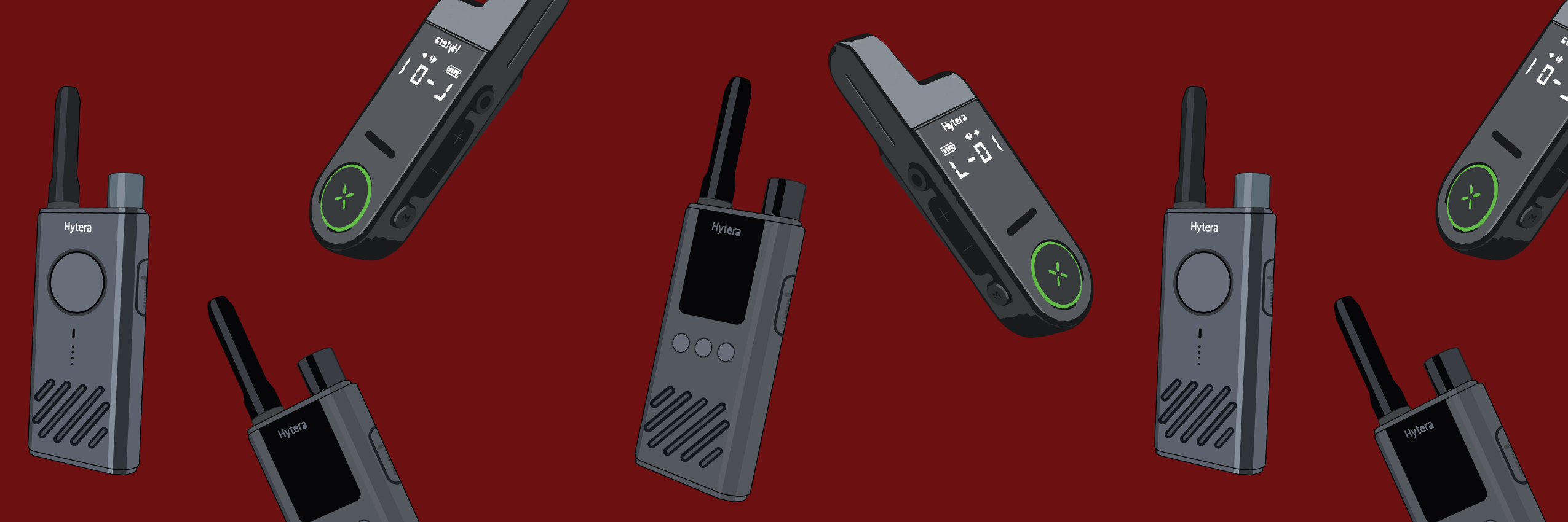 Multiple 3d graphic radios on a red background displaying the S1 Hytera collection