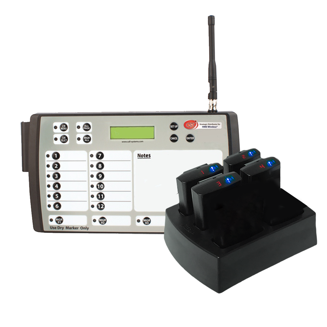 A set of electronic devices including a transmitter and rugged pagers with a charging base, typically used for wireless communication in service environments like restaurants.
